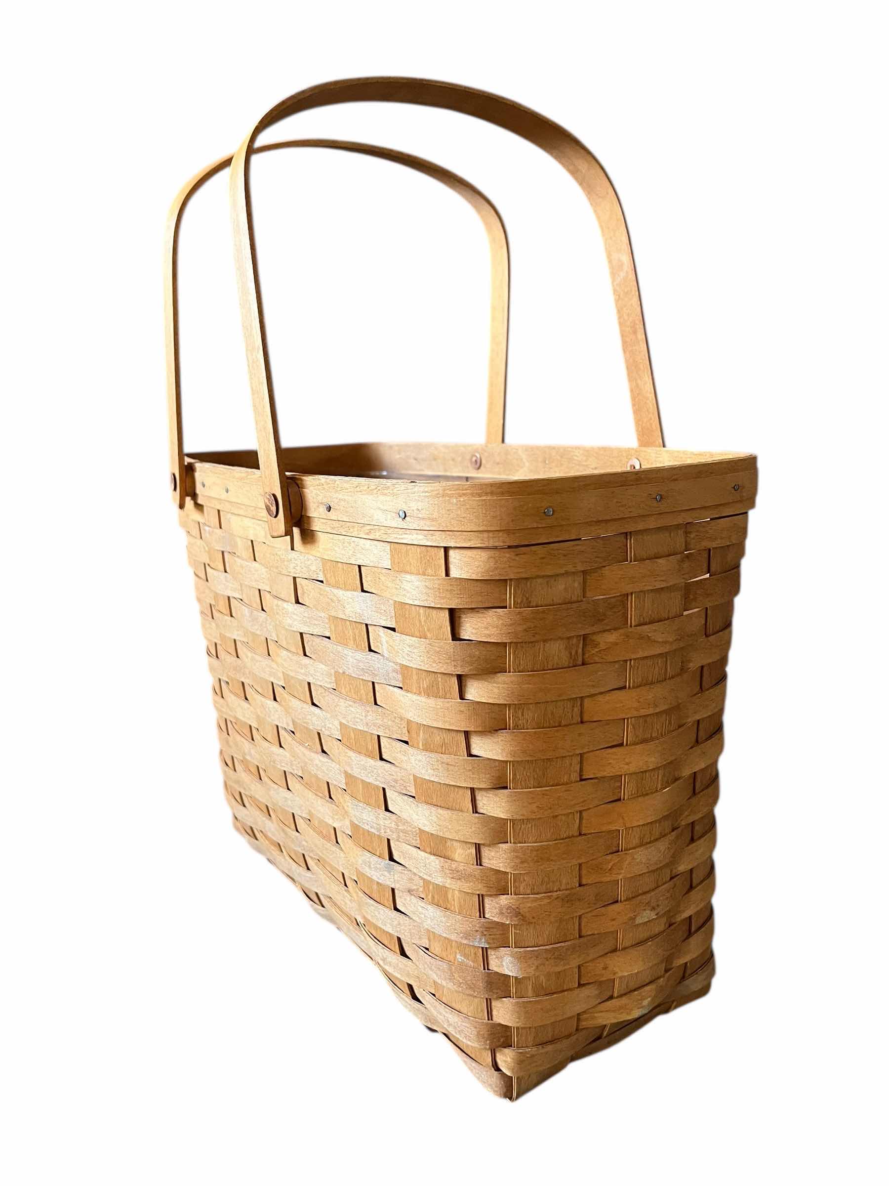 Photo 1 of LONGABERGER DARK STAIN HAND WOVEN 2 HANDLE MAGAZINE BASKET W PROTECTOR INSERT 15.75” X 8.5” H11”