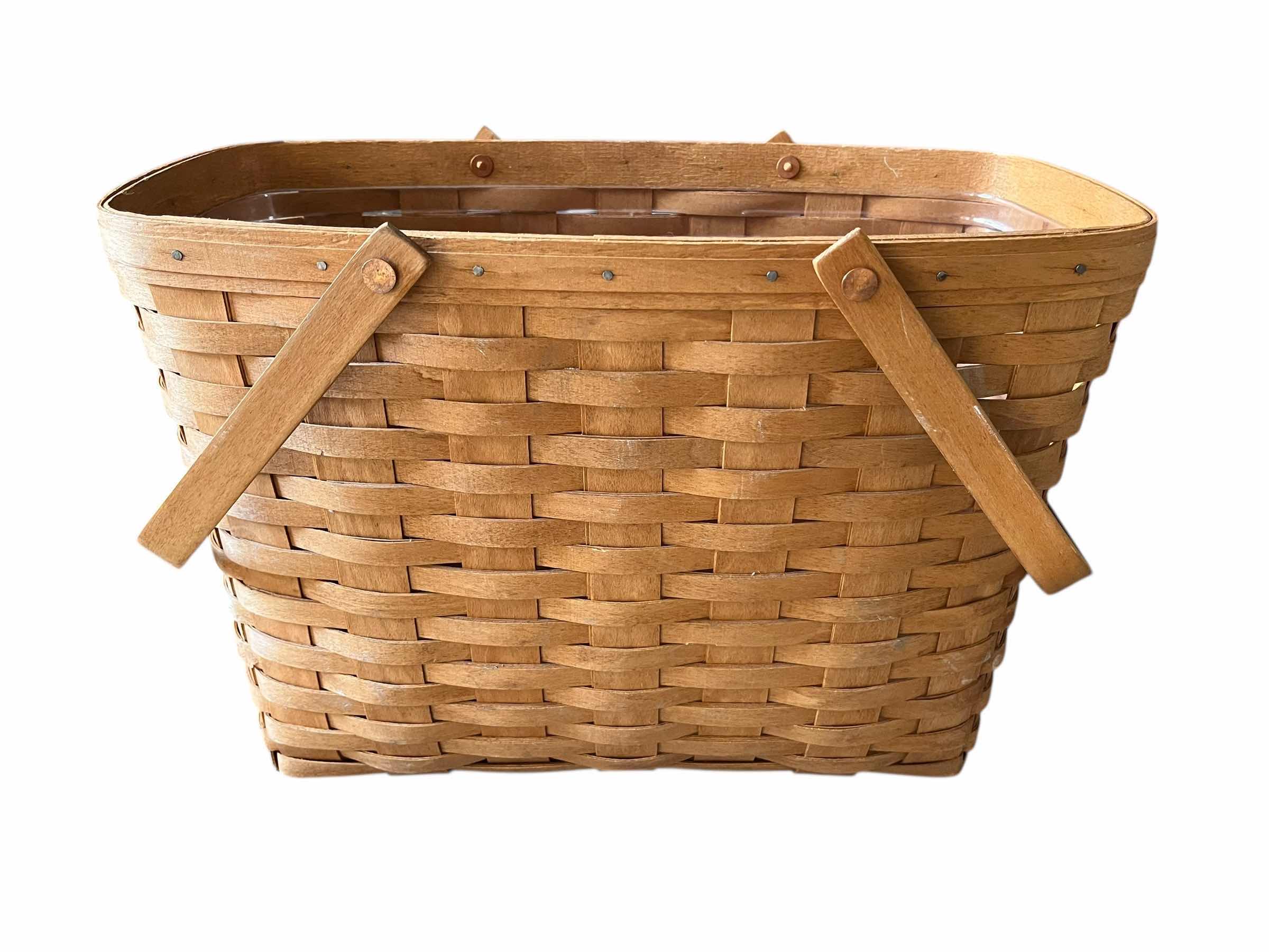 Photo 1 of LONGABERGER DARK STAIN HAND WOVEN 2 HANDLE MAGAZINE BASKET W PROTECTOR INSERT 15.75” X 8.5” H11”