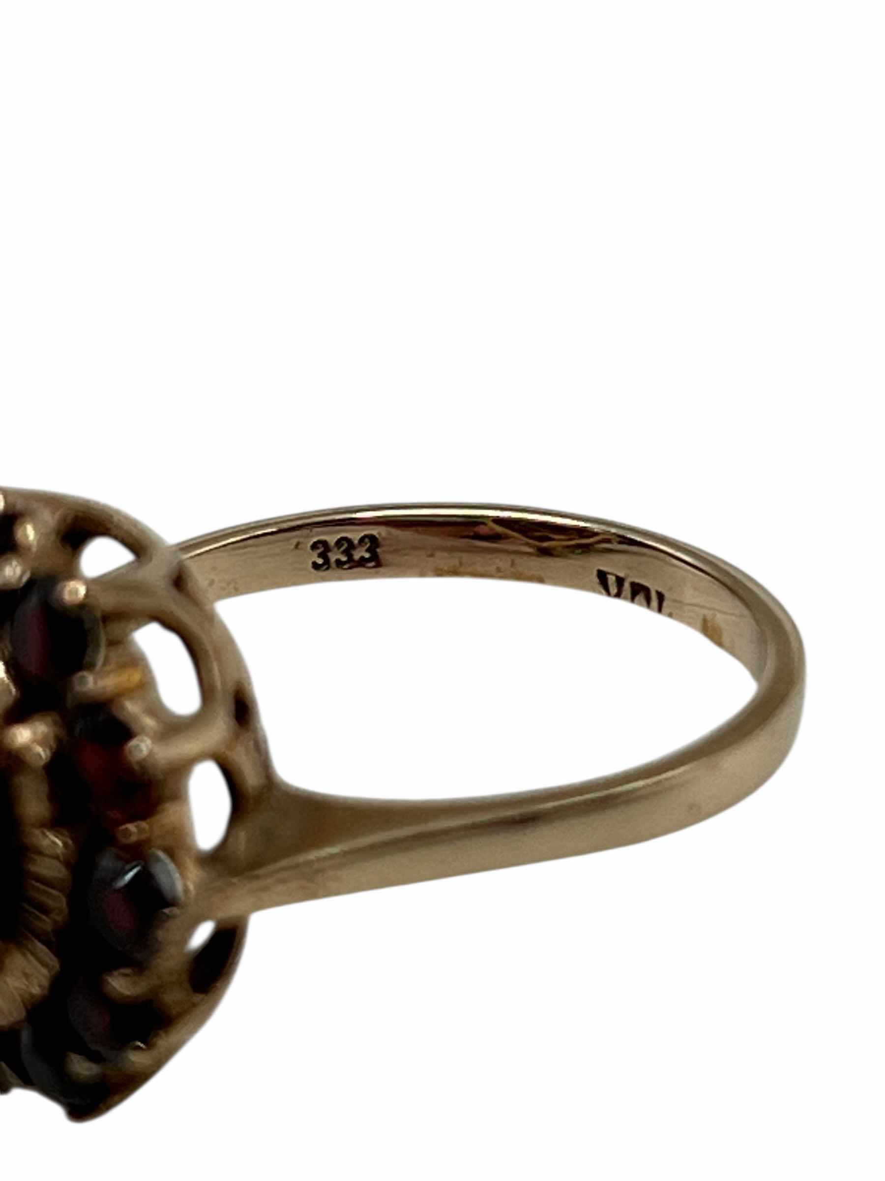 Photo 1 of GARNET 0.6” GEM CLUSTER 8K GOLD RING APPROX SIZE-8.75”-9.25” 333 STAMPED W RING BOX