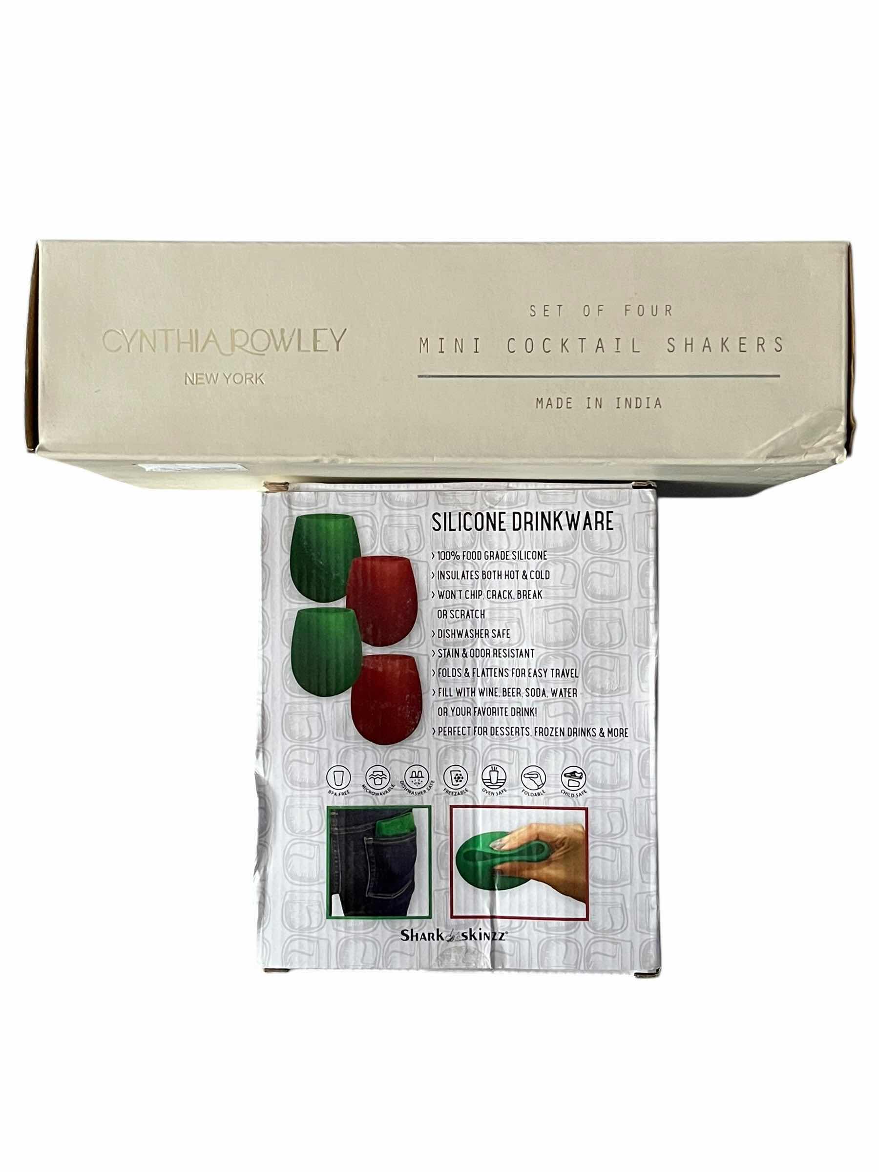 Photo 1 of NEW CYNTHIA ROWLEY MINI COCKTAIL MULTICOLORED SHAKERS 4-PACK & NEW SHARK SKINZZ SILICONE DRINKWARE 4-PACK