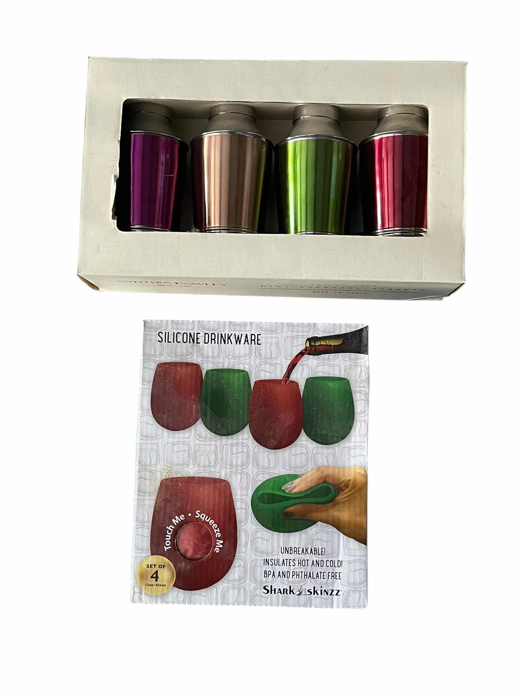 Photo 1 of NEW CYNTHIA ROWLEY MINI COCKTAIL MULTICOLORED SHAKERS 4-PACK & NEW SHARK SKINZZ SILICONE DRINKWARE 4-PACK