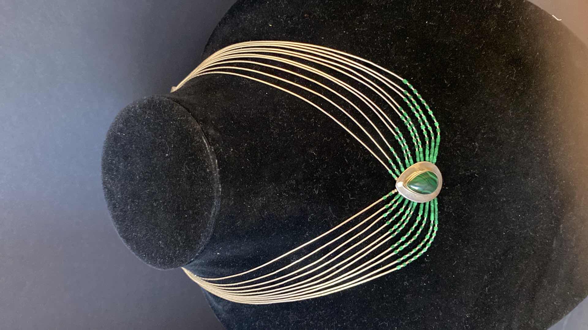 Photo 1 of STERLING LIQUID SILVER DESIGN AND MALACHITE NECKLACE 19”