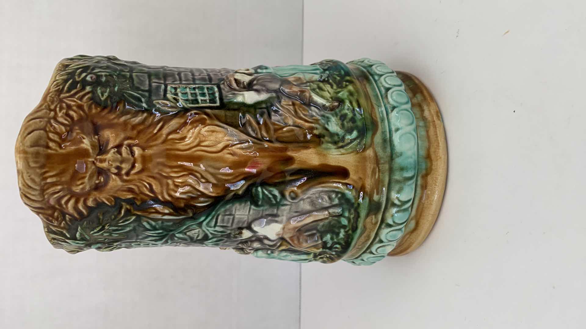 Photo 1 of ANTIQUE FRENCH MAJOLICA FRIE ONNAING FLEMISH FLAMANDS PATTERN PITCHER 714 7” X 8.5” $275