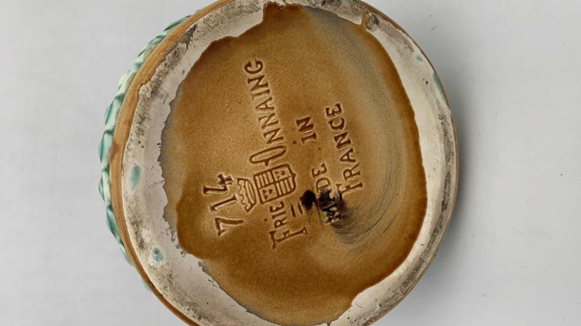 Photo 1 of ANTIQUE FRENCH MAJOLICA FRIE ONNAING FLEMISH FLAMANDS PATTERN PITCHER 714 7” X 8.5” $275