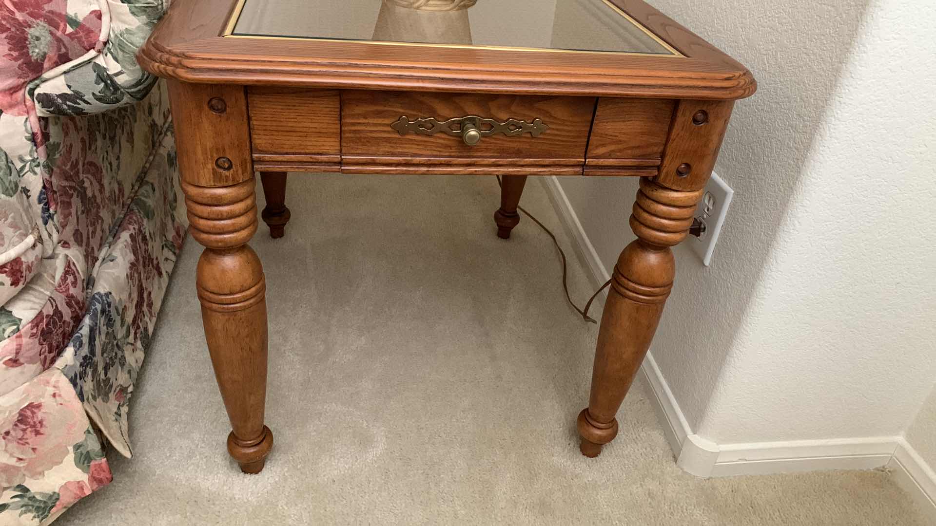 Photo 1 of GLASS TOPPED END TABLE WITH DRAWER 23” X 26” H 22”