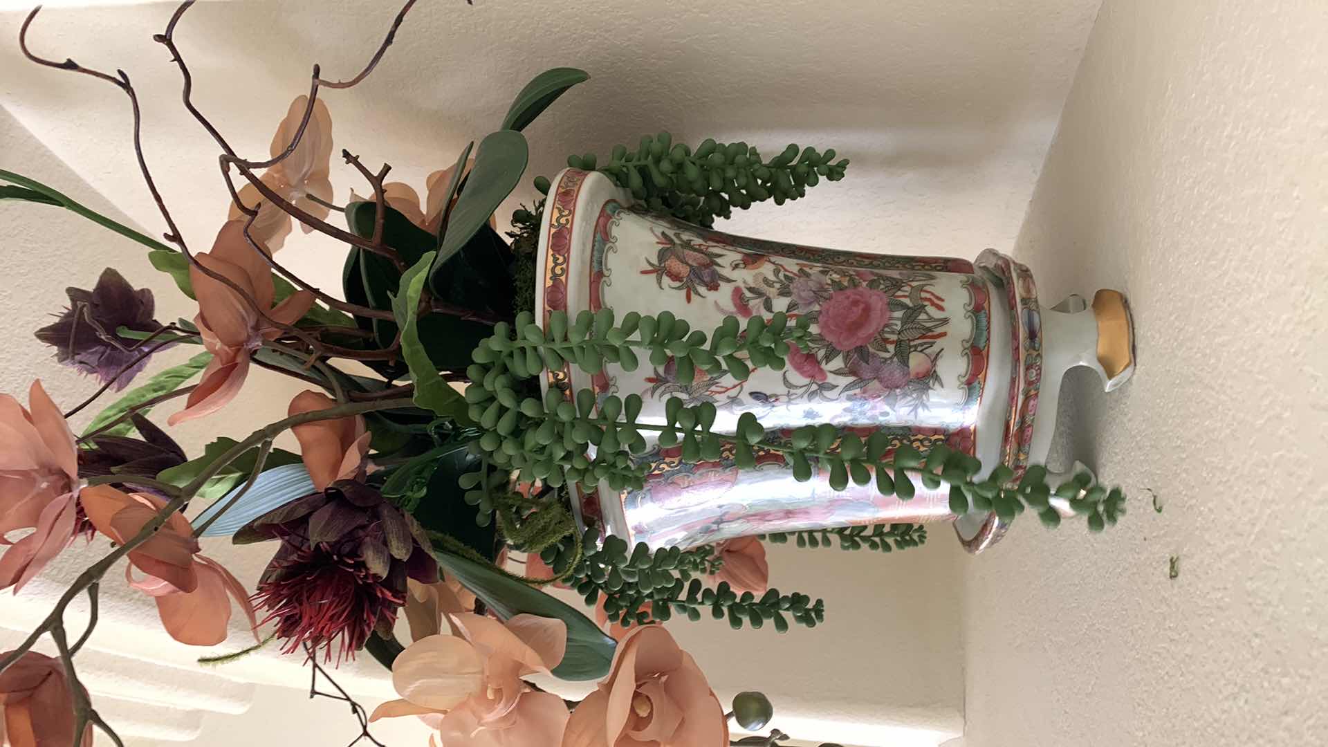 Photo 1 of FLUTED CHINESE PORCELAIN FLOWER POT 13” X 10” WITH ARRANGEMENT