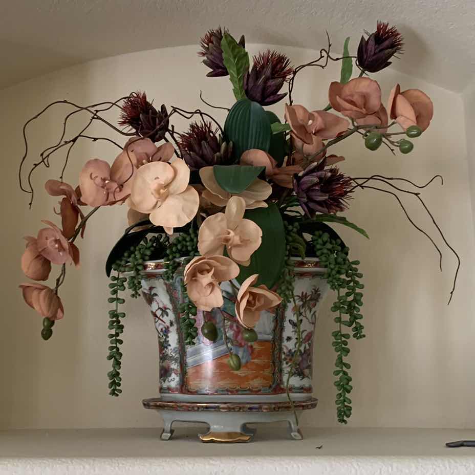 Photo 1 of FLUTED CHINESE PORCELAIN FLOWER POT 13” X 10” WITH ARRANGEMENT