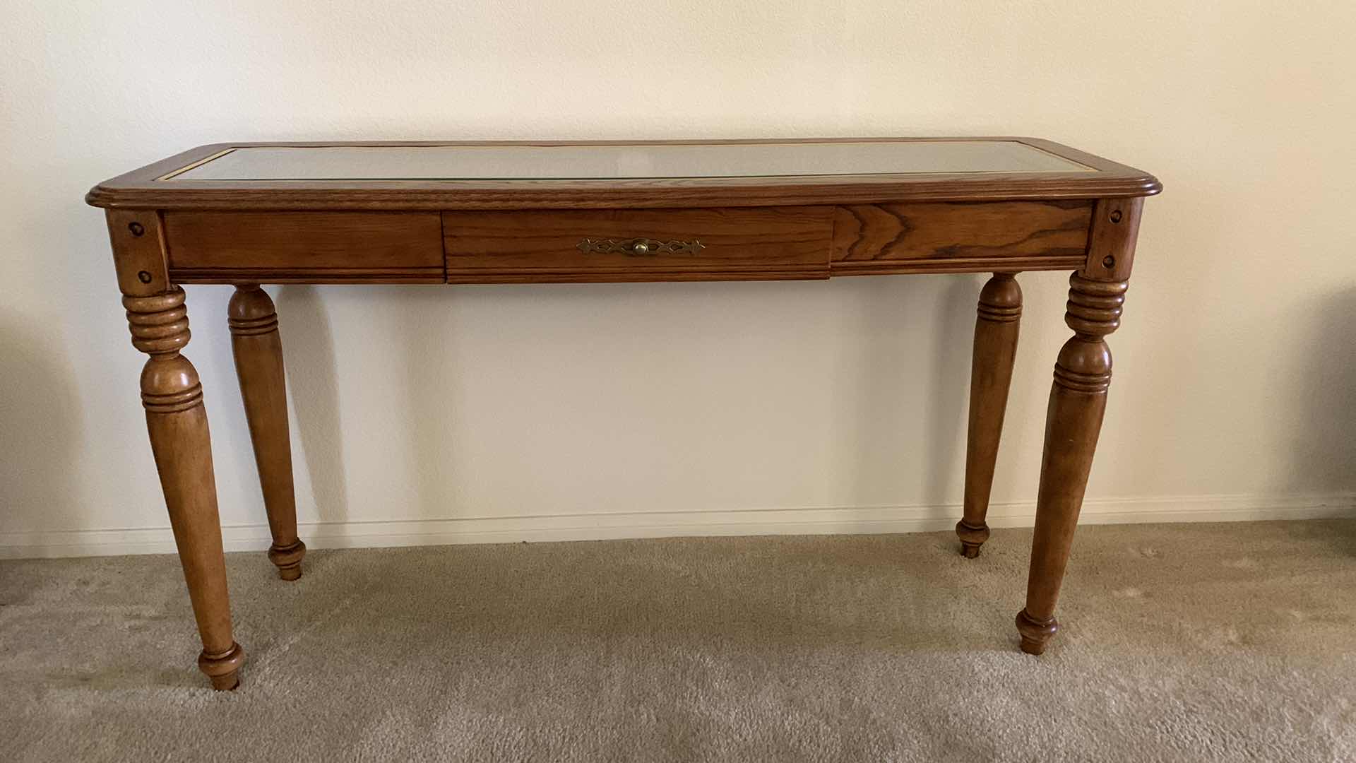 Photo 1 of WOODEN BUFFET WITH GLASS TOP 49” X 16” H 28”