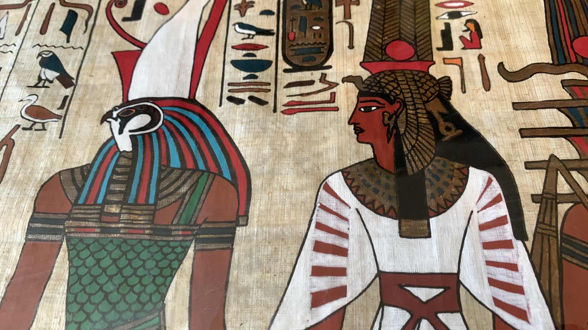 Photo 1 of EGYPTIAN PAPYRUS ORIGINAL “HORUS GROUP HATHOR RA QUEEN NEFERTITI ”28” X 23”