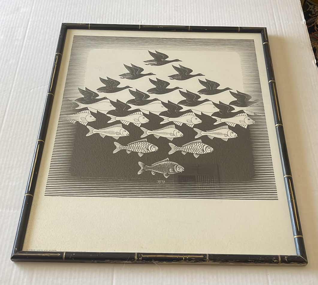 Photo 1 of MAURITS CORNELIS ESCHER LUCHT EN WATER/ SKY AND WATER ARTWORK PRINT C. 1970 23”x26.5”H