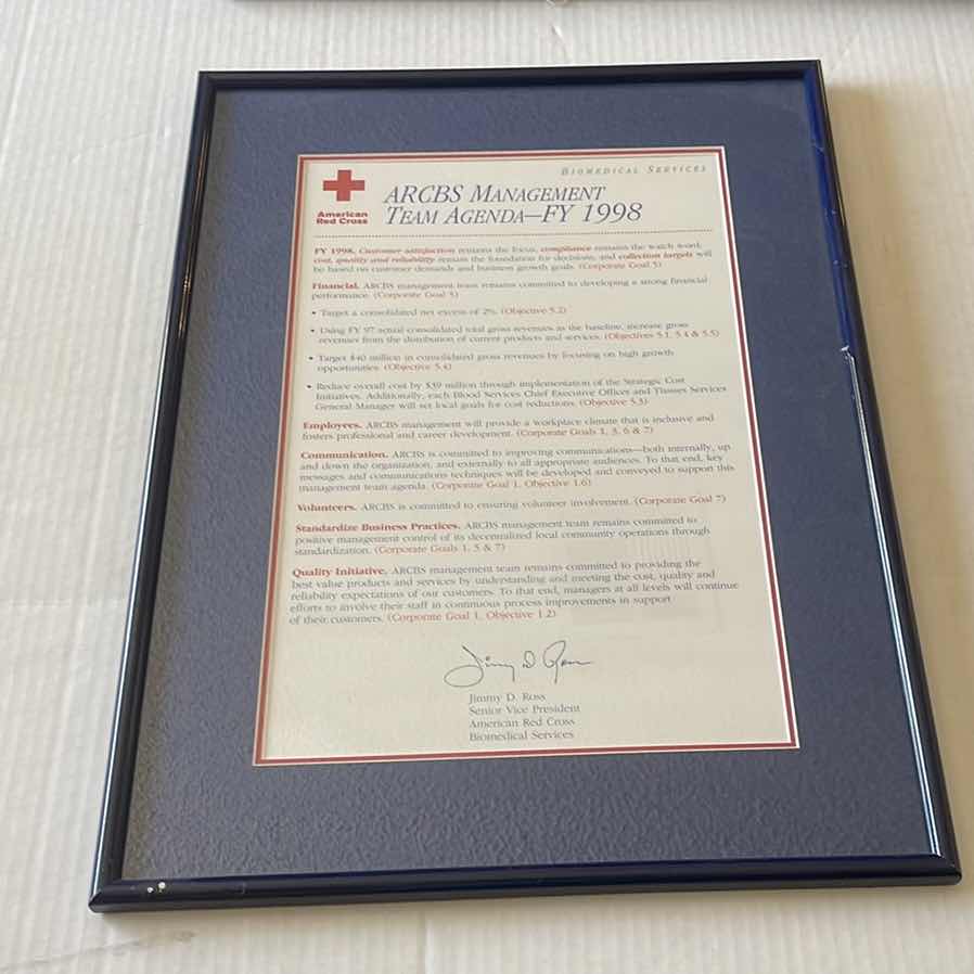 Photo 1 of 3-AMERICAN RED CROSS BIOMEDICAL SERVICES “VALUES, MISSION, ARCBS MANAGEMENT TEAM AGENDA-FY 1998” 17”X22.5”H