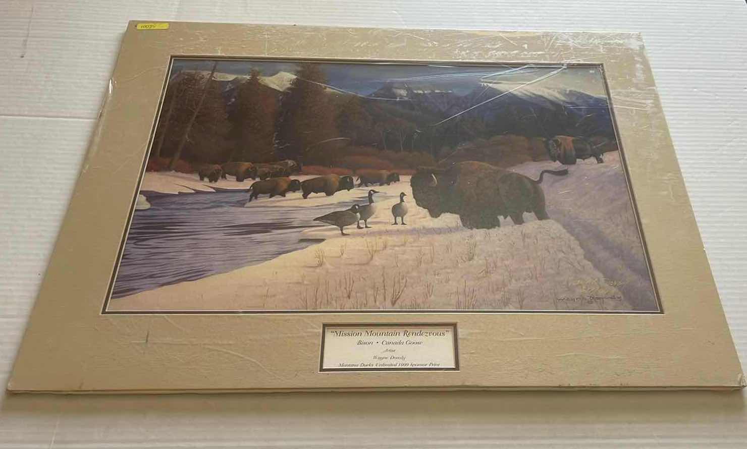 Photo 1 of “MISSION MOUNTAIN RENDEZVOUS” BISON• CANADA GOOSE WAYNE DOWDY SIGNED 1999 SPONSOR PRINT 30.5”23”H