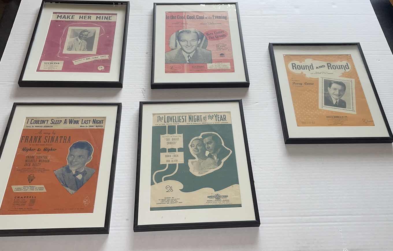 Photo 1 of 5-FRAMED VINTAGE SHEET MUSIC: NAT KING COLE, FRANK SINATRA, BING CROSBY, MARIO LANZA AND ANN BLYTHE, PERRY COMO 11” X 14”