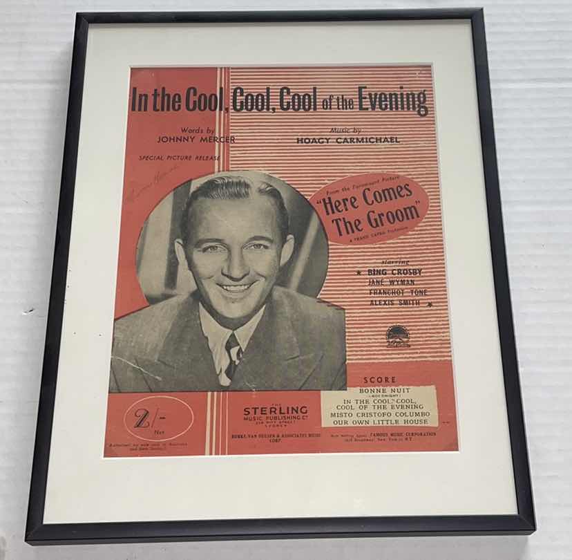 Photo 1 of 5-FRAMED VINTAGE SHEET MUSIC: NAT KING COLE, FRANK SINATRA, BING CROSBY, MARIO LANZA AND ANN BLYTHE, PERRY COMO 11” X 14”