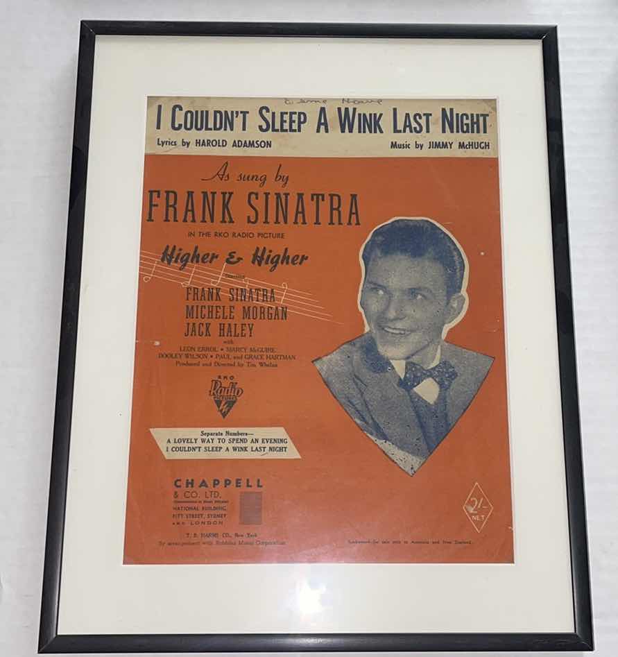 Photo 1 of 5-FRAMED VINTAGE SHEET MUSIC: NAT KING COLE, FRANK SINATRA, BING CROSBY, MARIO LANZA AND ANN BLYTHE, PERRY COMO 11” X 14”