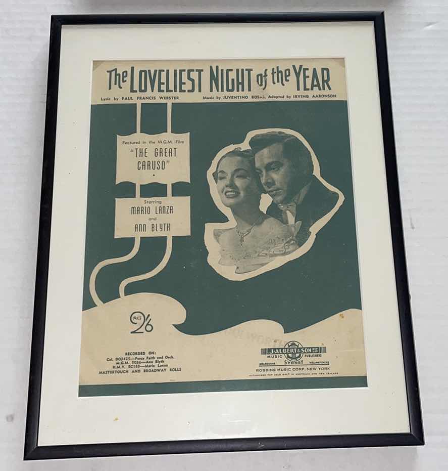 Photo 1 of 5-FRAMED VINTAGE SHEET MUSIC: NAT KING COLE, FRANK SINATRA, BING CROSBY, MARIO LANZA AND ANN BLYTHE, PERRY COMO 11” X 14”