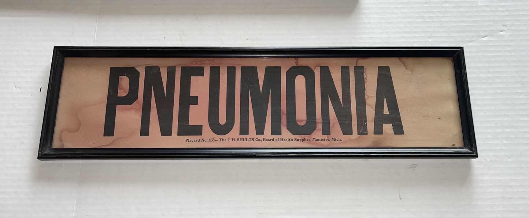 Photo 1 of 3-THE J.H SHULTZ CO., BOARD OF HEALTH SUPPLIES PLACARD PRINT TYPHOID FEVER, PNEUMONIA, TUBERCULOSIS 23” X 6.5”