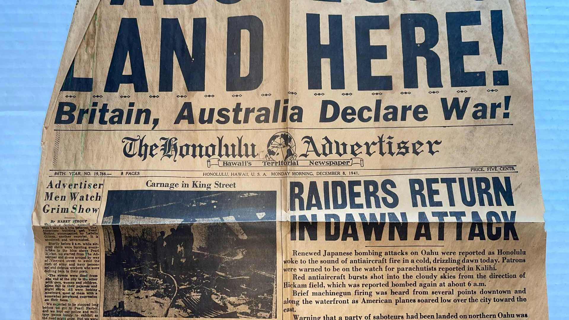 Photo 1 of ANTIQUE THE HONOLULU ADVISOR NEWSPAPER PRINT MONDAY MORNING DECEMBER 8, 1941