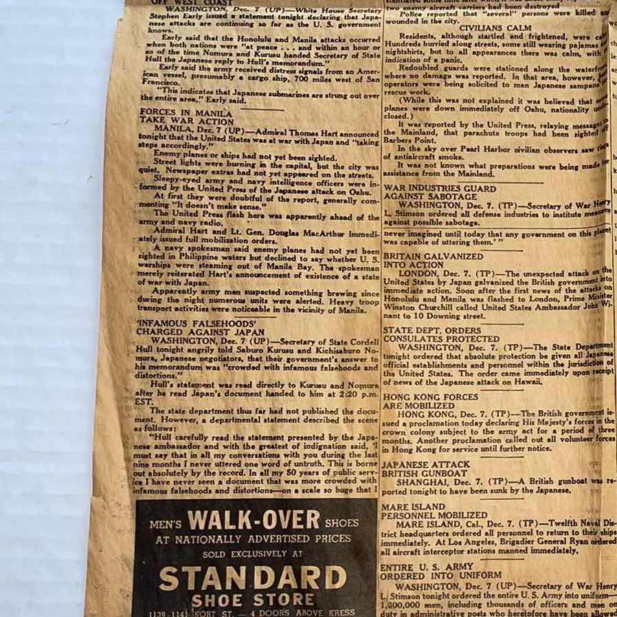 Photo 1 of ANTIQUE THE HONOLULU ADVISOR NEWSPAPER PRINT MONDAY MORNING DECEMBER 8, 1941