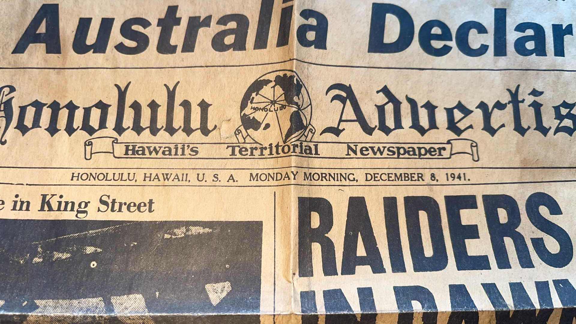 Photo 1 of ANTIQUE THE HONOLULU ADVISOR NEWSPAPER PRINT MONDAY MORNING DECEMBER 8, 1941