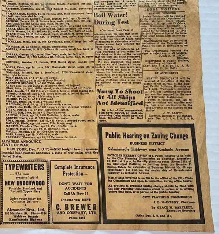 Photo 1 of ANTIQUE THE HONOLULU ADVISOR NEWSPAPER PRINT MONDAY MORNING DECEMBER 8, 1941