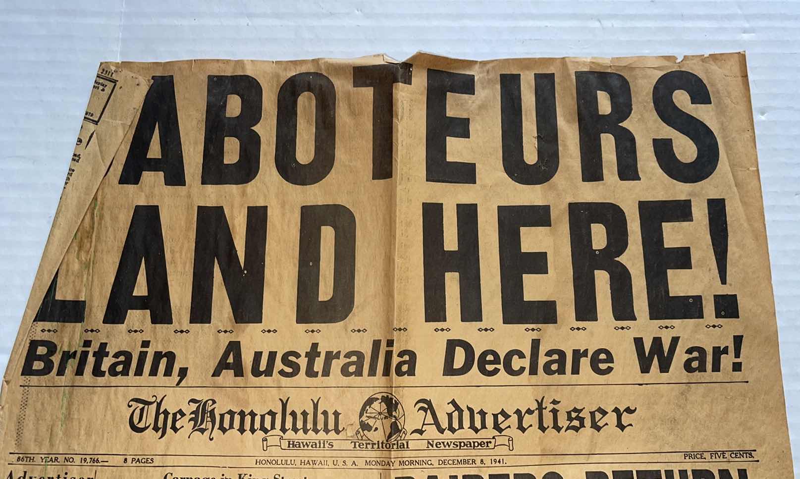 Photo 1 of ANTIQUE THE HONOLULU ADVISOR NEWSPAPER PRINT MONDAY MORNING DECEMBER 8, 1941