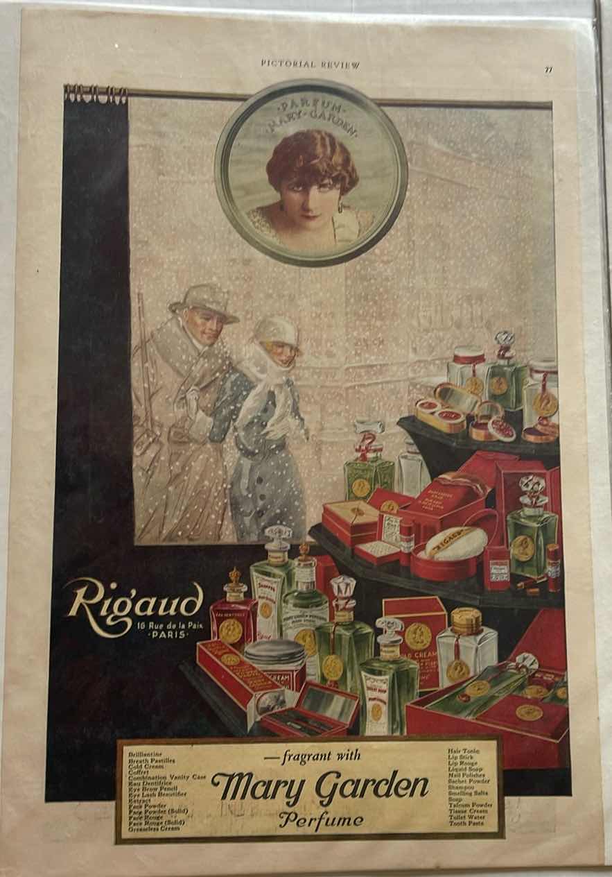 Photo 1 of 2-ANTIQUE PRINTS 1917 RIGAUD MARY GARDEN PERFUME AD 1917 AND HINDS HAND CREAM 1916 AD 11” X 14.5”