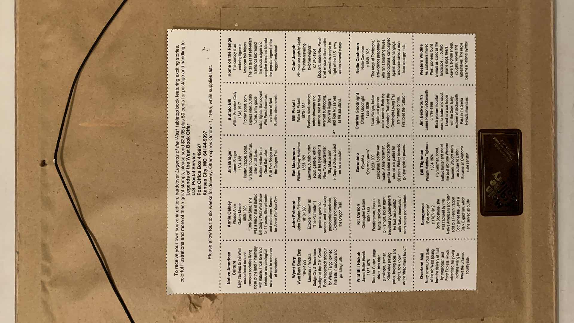 Photo 1 of LEGEND OF THE WEST COMPLETE PANE OF TWENTY 29 CENT STAMPS