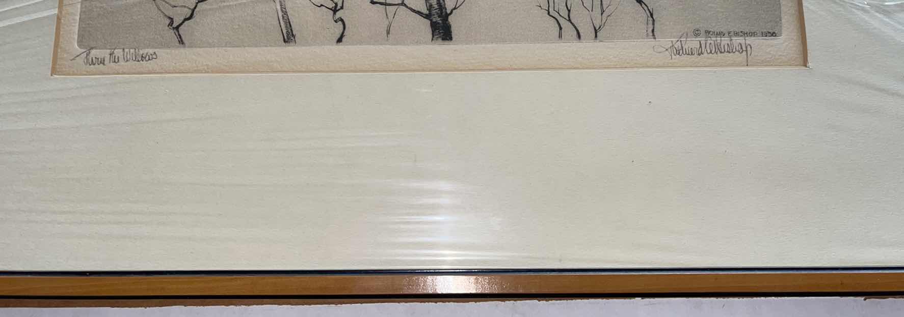 Photo 1 of ANTIQUE PRINT SIGNED E. BISHOP “THROUGH THE WILLOWS” 1936 FRAMED ETCHING 17”  X 14.5”