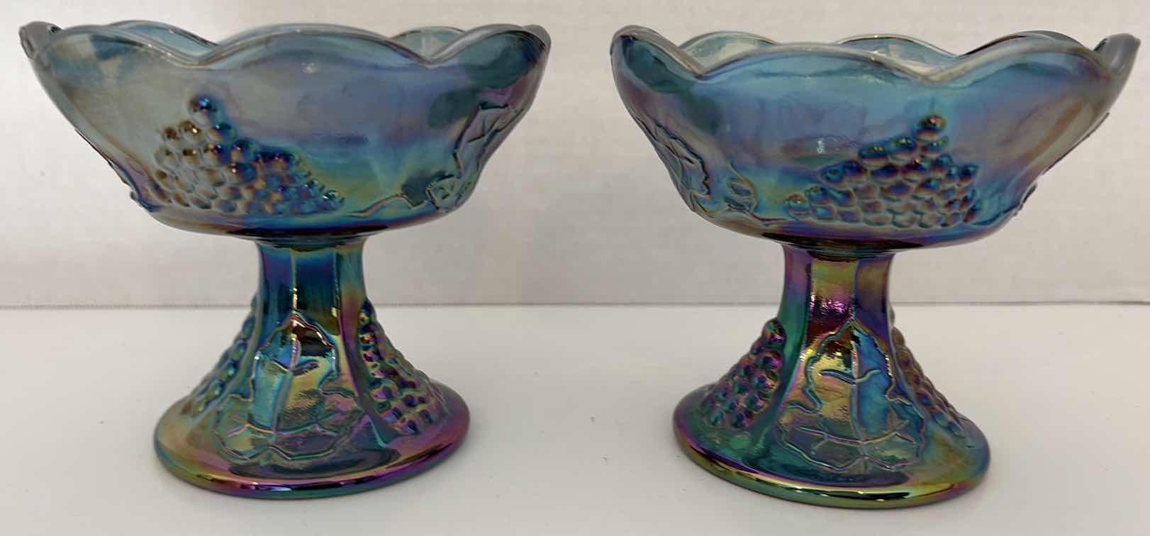 Photo 1 of $64 (2)PCS VINTAGE CARNIVAL BLUE IRIDESCENT CANDLESTICK HOLDERS H4”