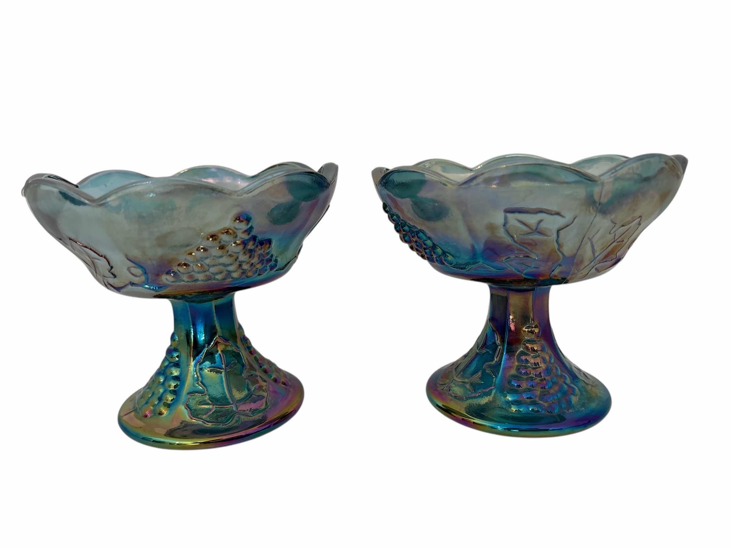 Photo 1 of $64 (2)PCS VINTAGE CARNIVAL BLUE IRIDESCENT CANDLESTICK HOLDERS H4”