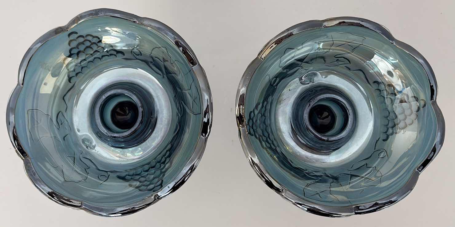 Photo 1 of $64 (2)PCS VINTAGE CARNIVAL BLUE IRIDESCENT CANDLESTICK HOLDERS H4”