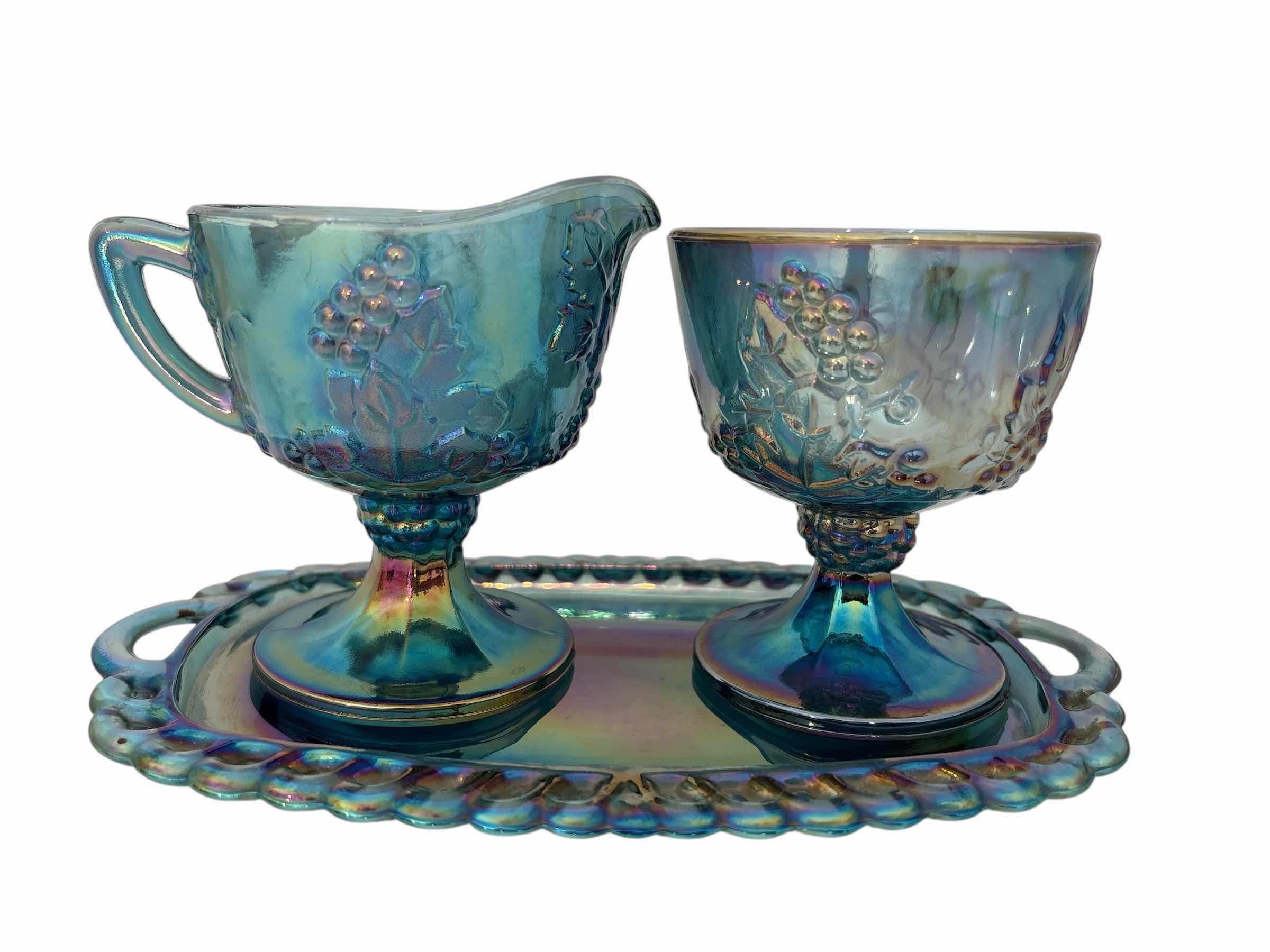 Photo 1 of (3)PCS VINTAGE CARNIVAL IRIDESCENT HARVEST SUGAR, CREAMER, AND TRAY H4”