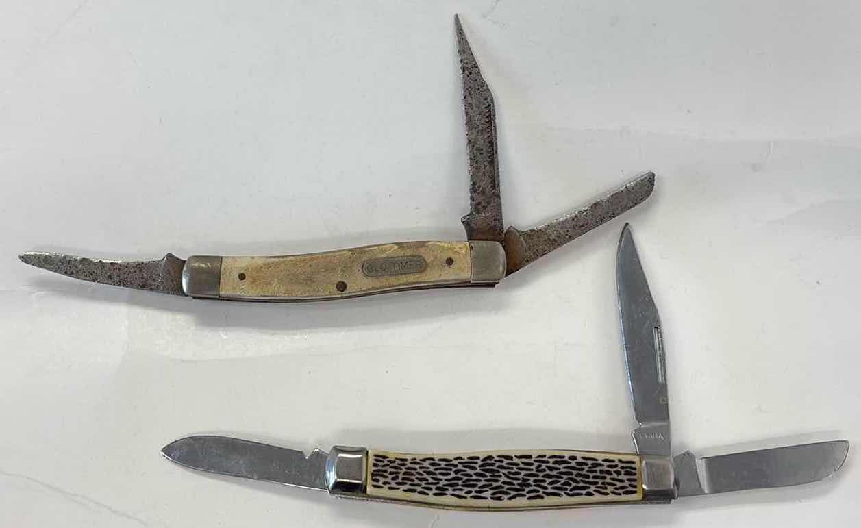 Photo 1 of $35 (2)PCS VINTAGE SCHRADE OLD TIMER3-BLADE POCKET KNIFE 5.75 AND SNAKE WHITTER KNIFE