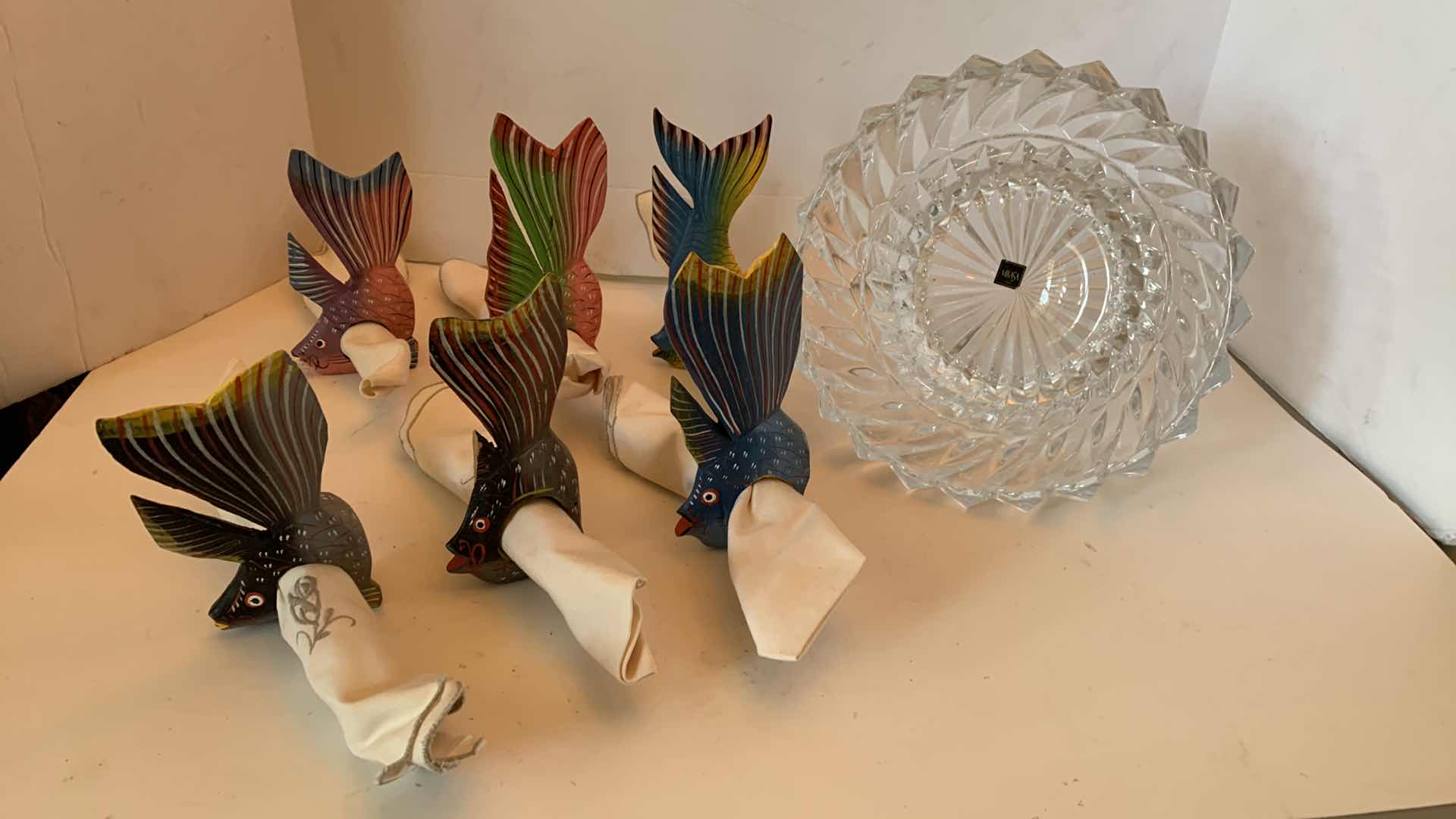 Photo 1 of MIKASA CRYSTAL BOWL 9” X 5” AND SIX WOODEN NAPKIN HOLDERS