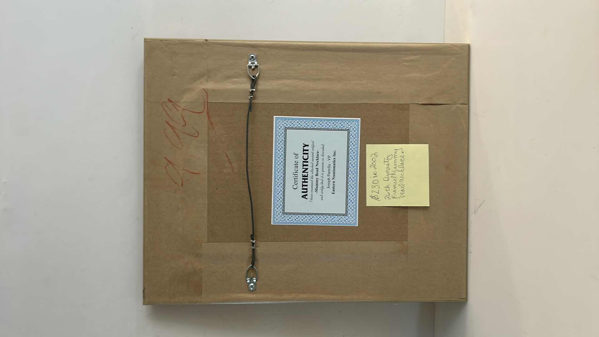 Photo 1 of ANTIQUITY - 26TH DYNASTY MUMMY BEAD NECKLACE CIRCA 600 BC IN GOLDEN FRAMED SHADOW BOX 20” x 16” WITH COA