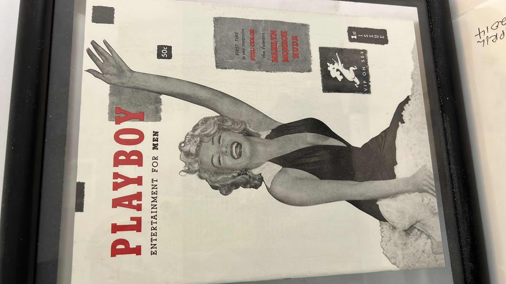 Photo 1 of 1955 ENVELOPE WITH MARILYN MONROE AND HUGH HEFNER SIGNATURES AND 1953 PLAYBOY COVER OF MARILYN MONROE FRAMED 12.25” x 14.25”