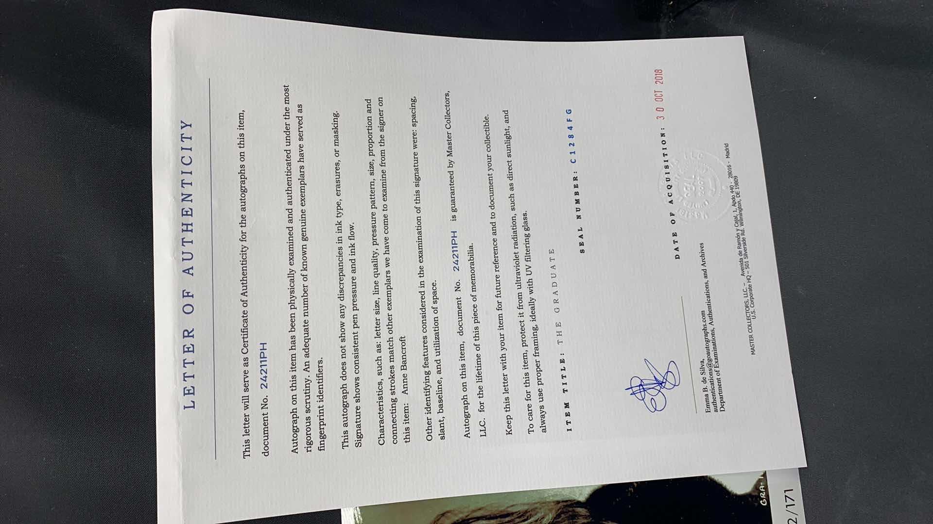 Photo 1 of ANNE BANCROFT - SIGNED AUTOGRAPHED PHOTO W LETTER OF AUTHENTICITY 8” X 10”