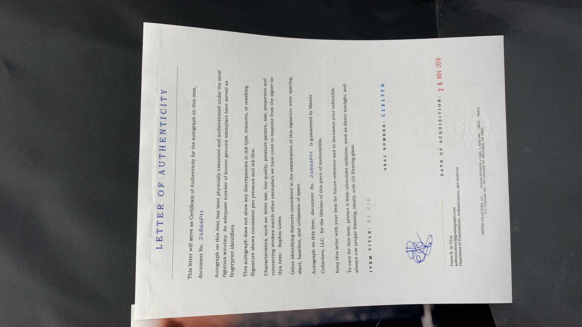 Photo 1 of SOPHIA LOREN - SIGNED AUTOGRAPHED PHOTO W LETTER OF AUTHENTICITY 8” X 10”