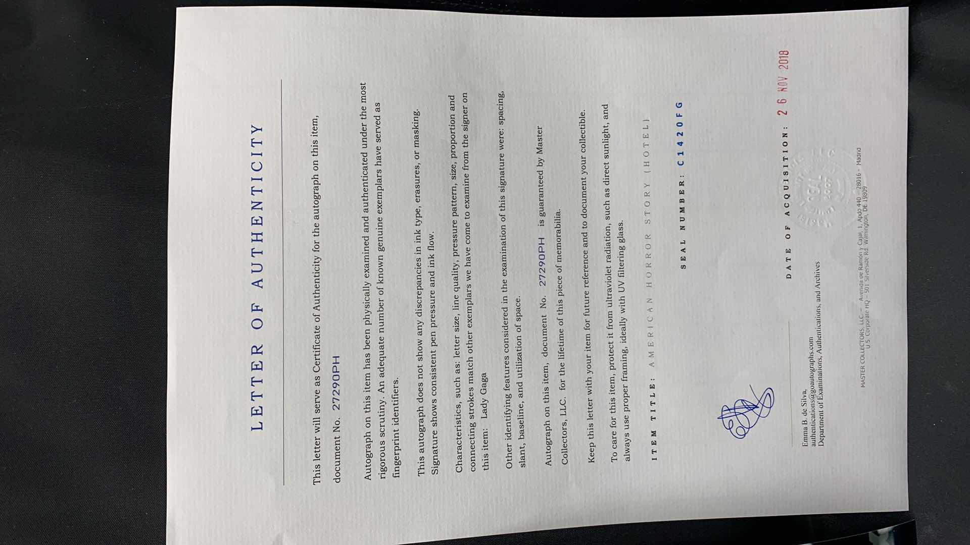 Photo 1 of LADY GAGA  - SIGNED AUTOGRAPHED PHOTO W LETTER OF AUTHENTICITY 8” X 10”