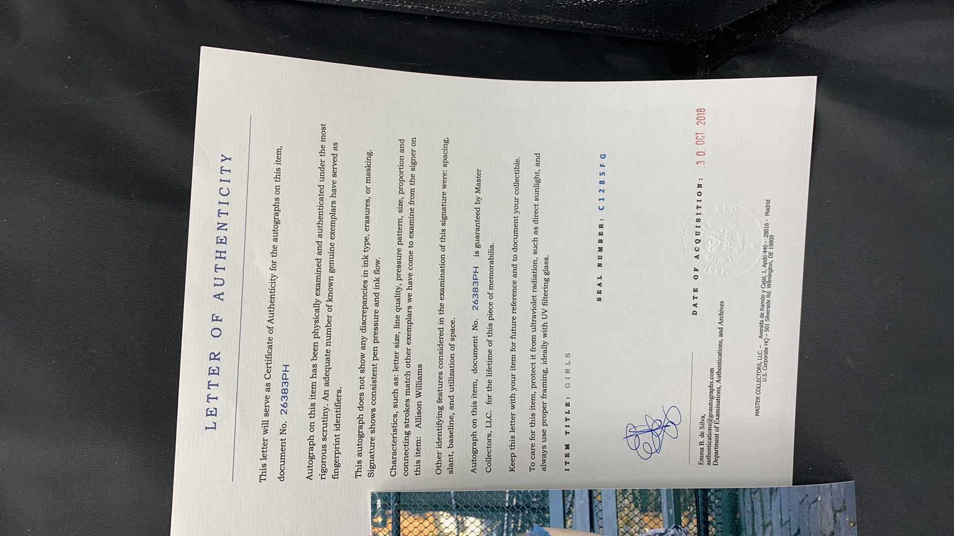 Photo 1 of ALLISON WILLIAMS  - SIGNED AUTOGRAPHED PHOTO W LETTER OF AUTHENTICITY 8” X 10”