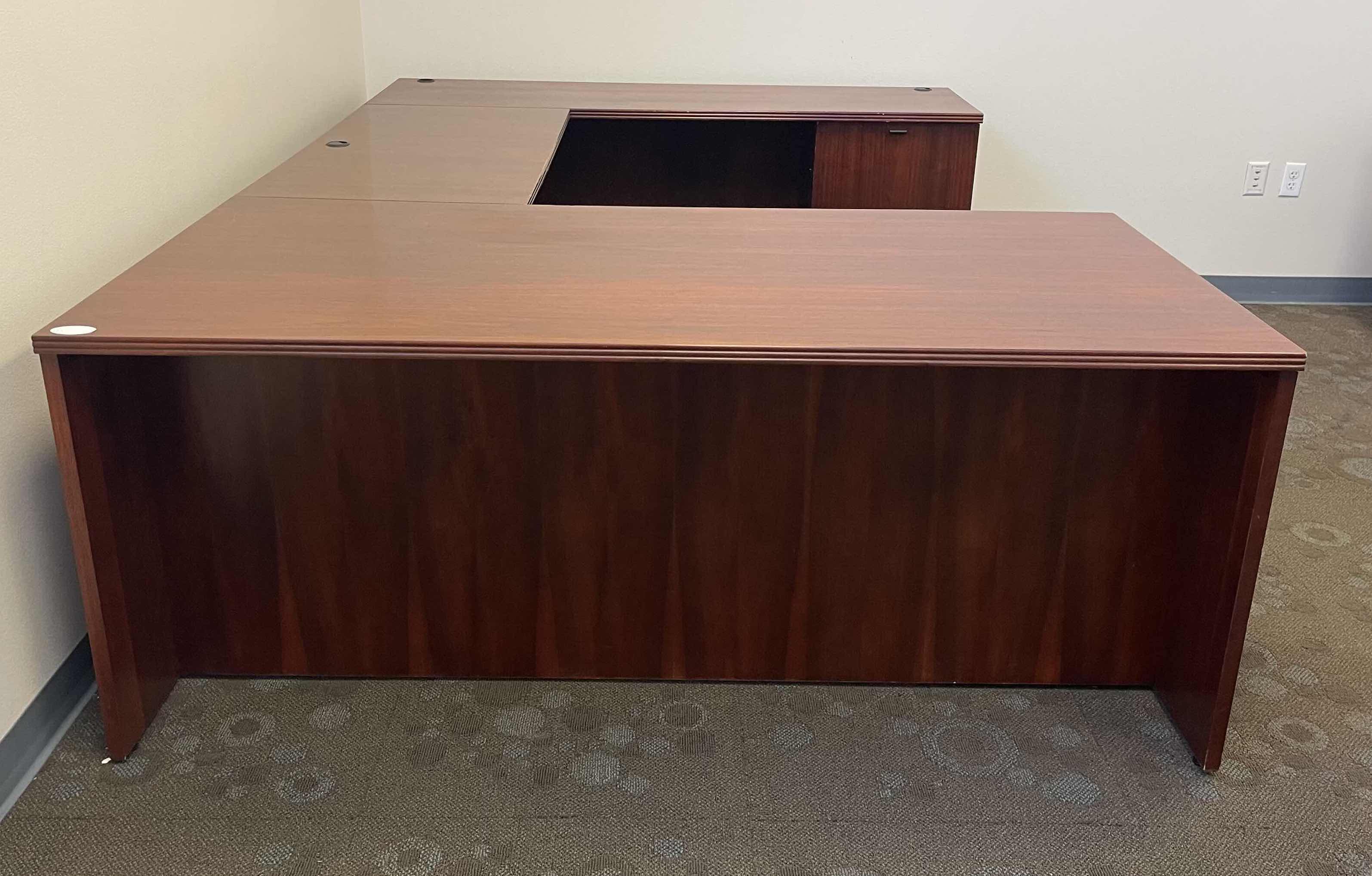 Photo 1 of NATIONAL WOODEN VENEER OFFICE U-DESK WITH DRAWERS DARK CHERRY 72” X 105” X 72” X H29”