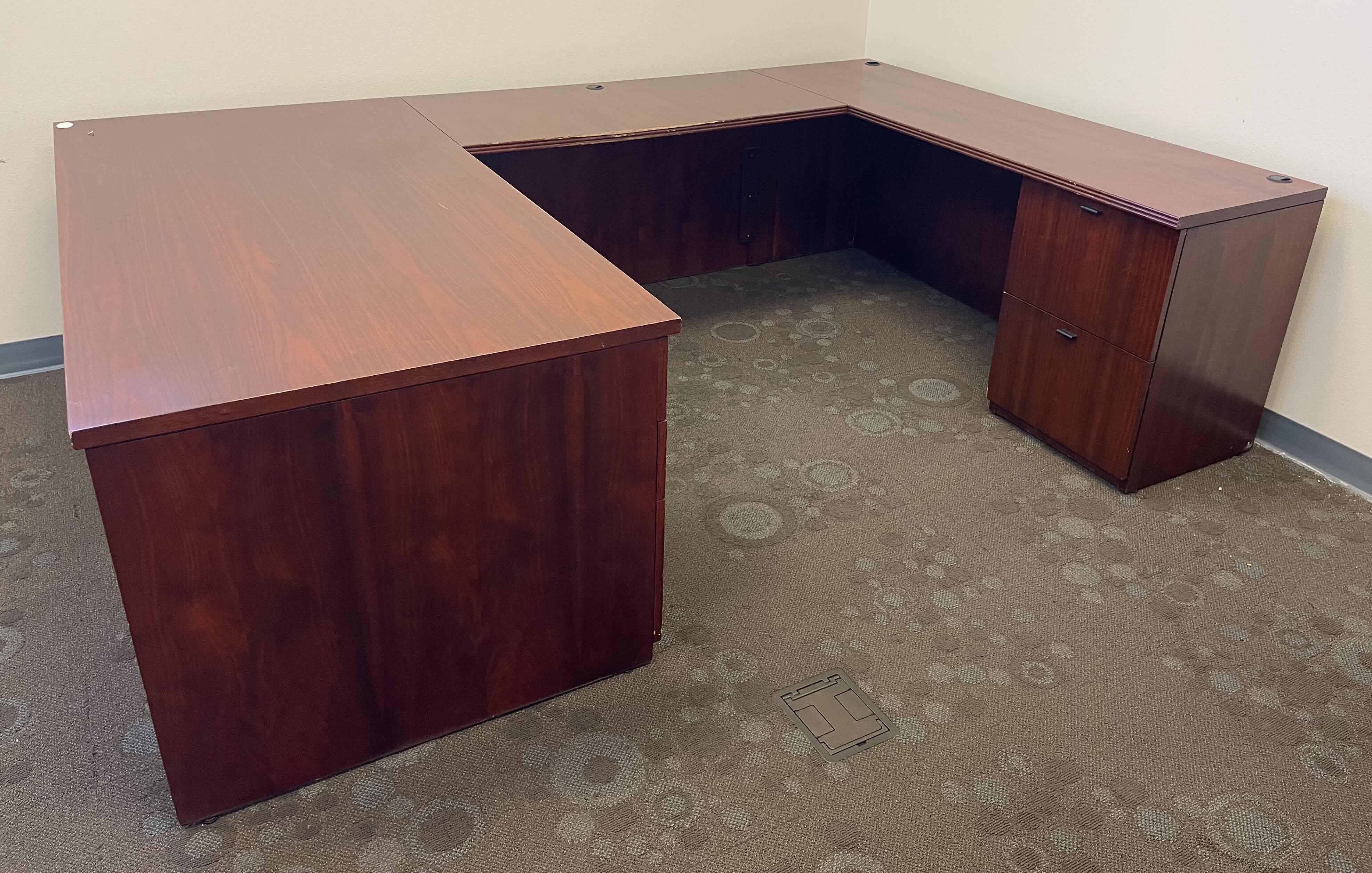 Photo 1 of NATIONAL WOODEN VENEER OFFICE U-DESK WITH DRAWERS DARK CHERRY 72” X 105” X 72” X H29”