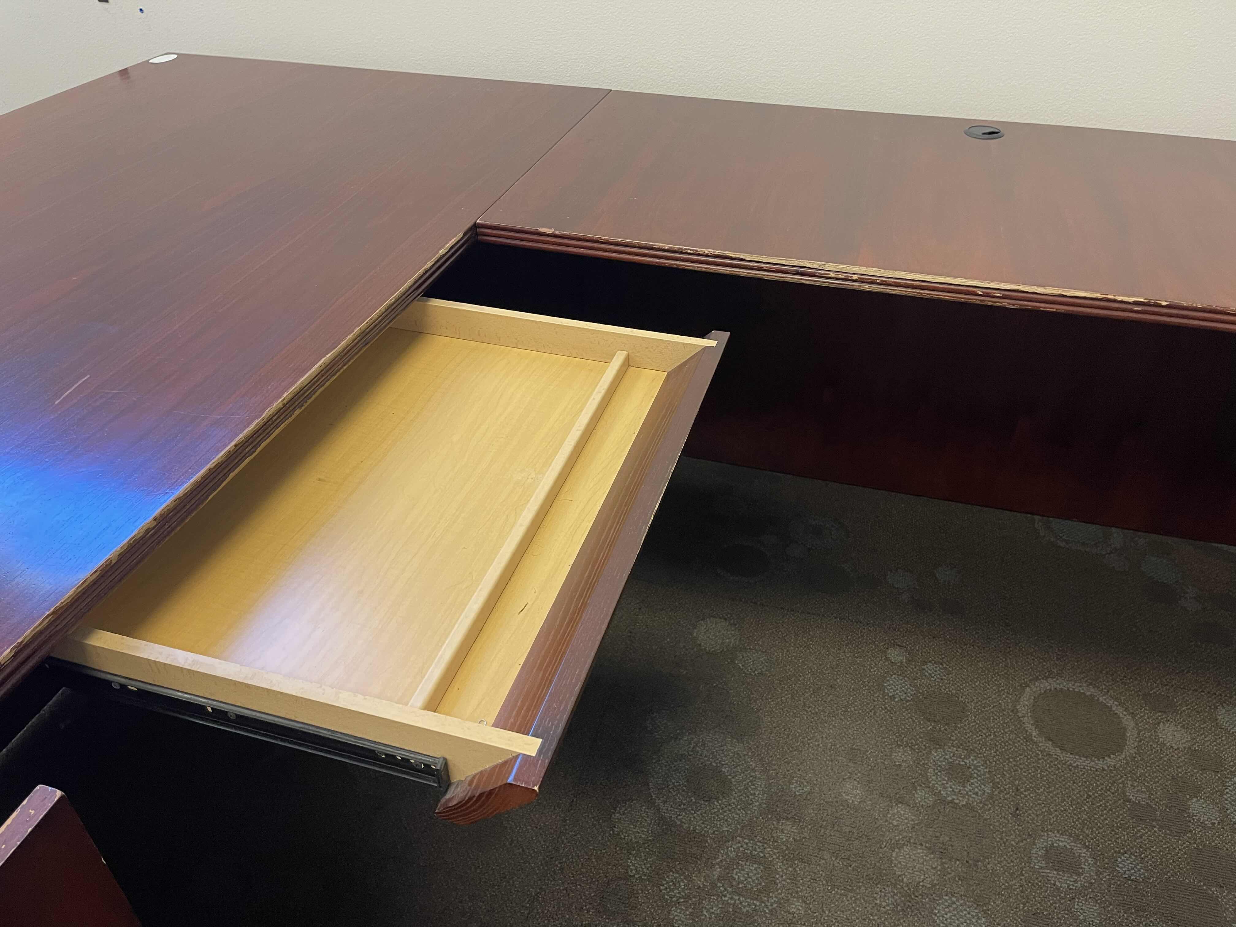 Photo 5 of NATIONAL WOODEN VENEER OFFICE U-DESK WITH DRAWERS DARK CHERRY 72” X 105” X 72” X H29”