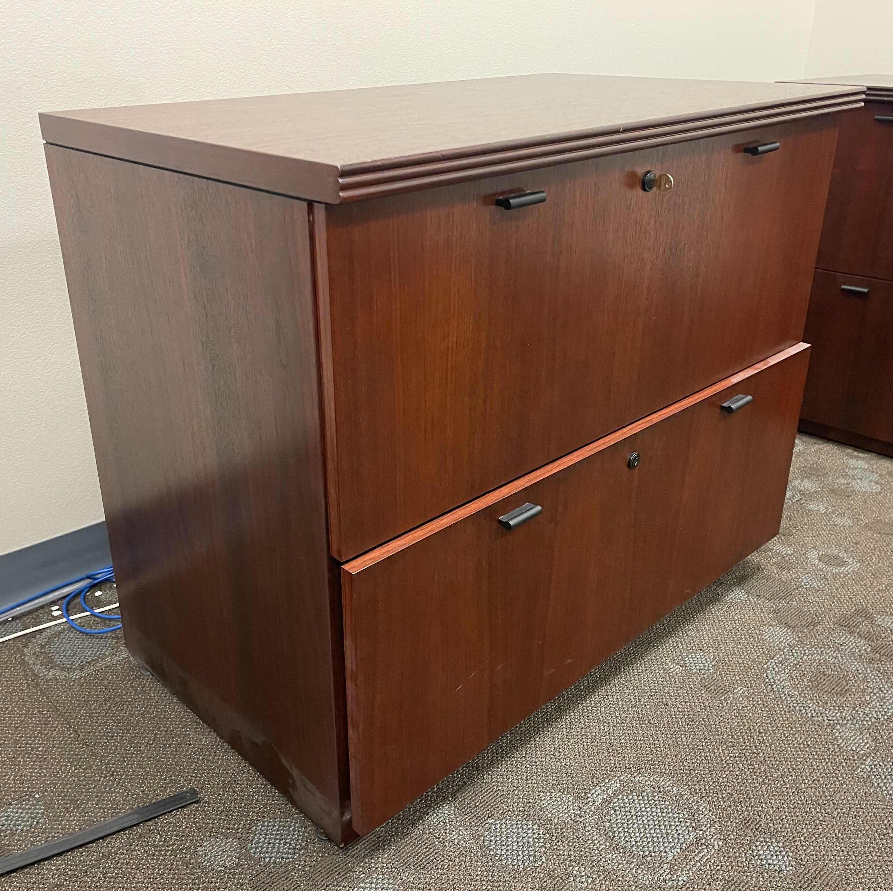 View 2 of NATIONAL TWO DRAWER LOCKING WOODEN VEENER FILE CABINET DARK CHERRY 35.5” X 21 X H29”