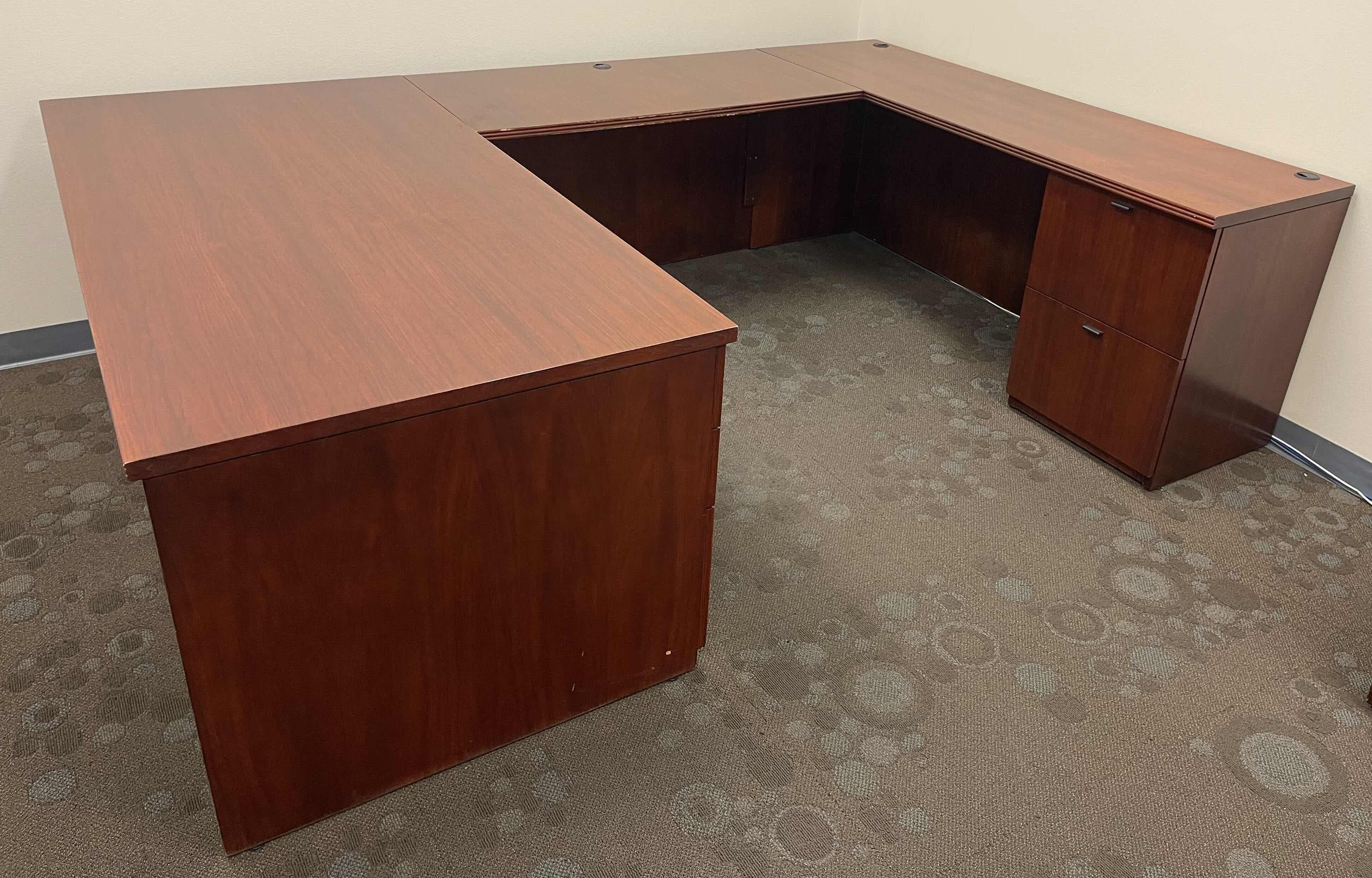 Photo 1 of NATIONAL WOODEN VENEER OFFICE U-DESK WITH DRAWERS DARK CHERRY 72” X 105” X 72” X H29”