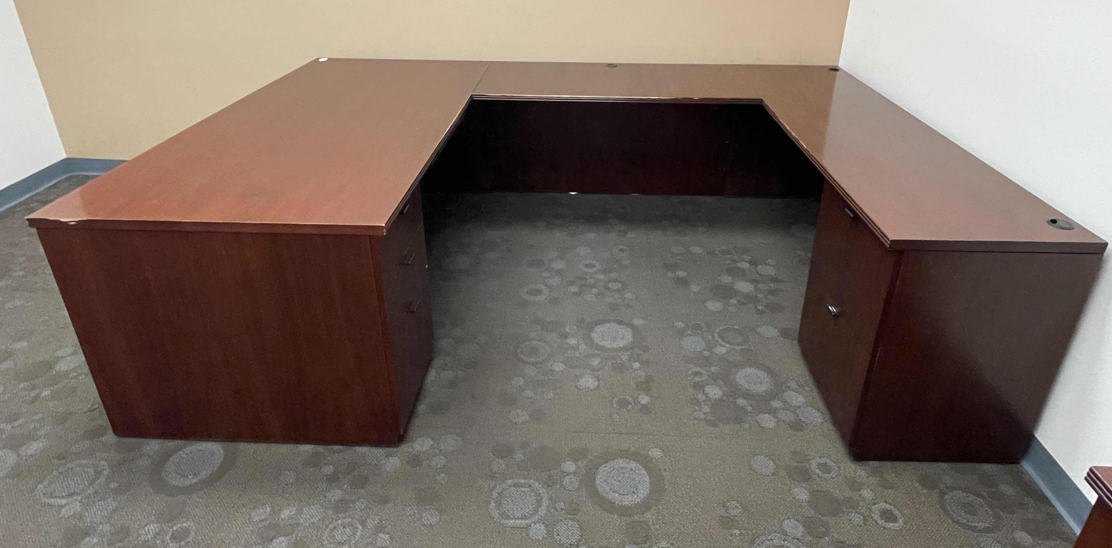 Photo 1 of NATIONAL WOODEN VENEER OFFICE U-DESK WITH DRAWERS DARK CHERRY 72” X 105” X 72” X H29”