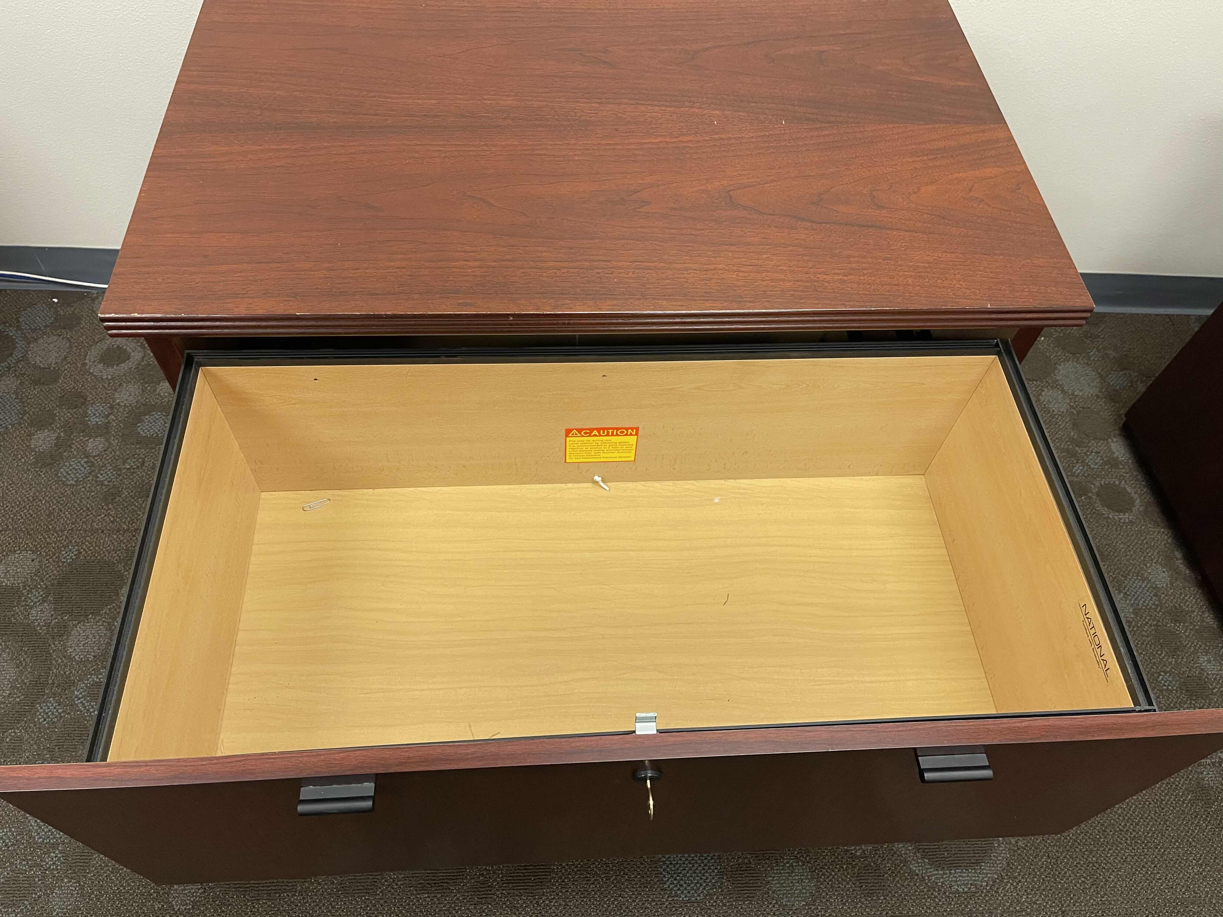 View 4 of NATIONAL TWO DRAWER LOCKING WOODEN VEENER FILE CABINET DARK CHERRY 35.5” X 21 X H29”