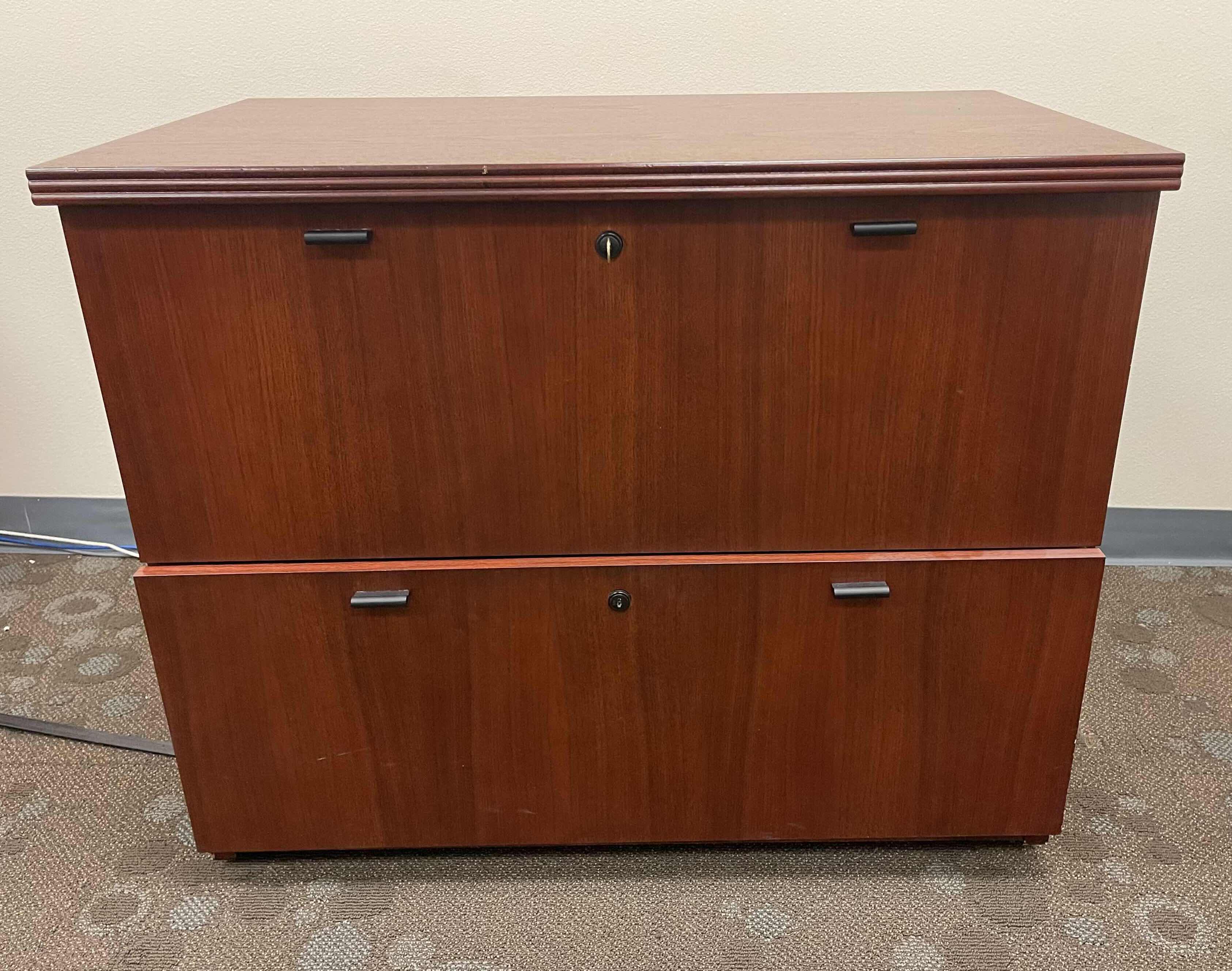 View 1 of NATIONAL TWO DRAWER LOCKING WOODEN VEENER FILE CABINET DARK CHERRY 35.5” X 21 X H29”