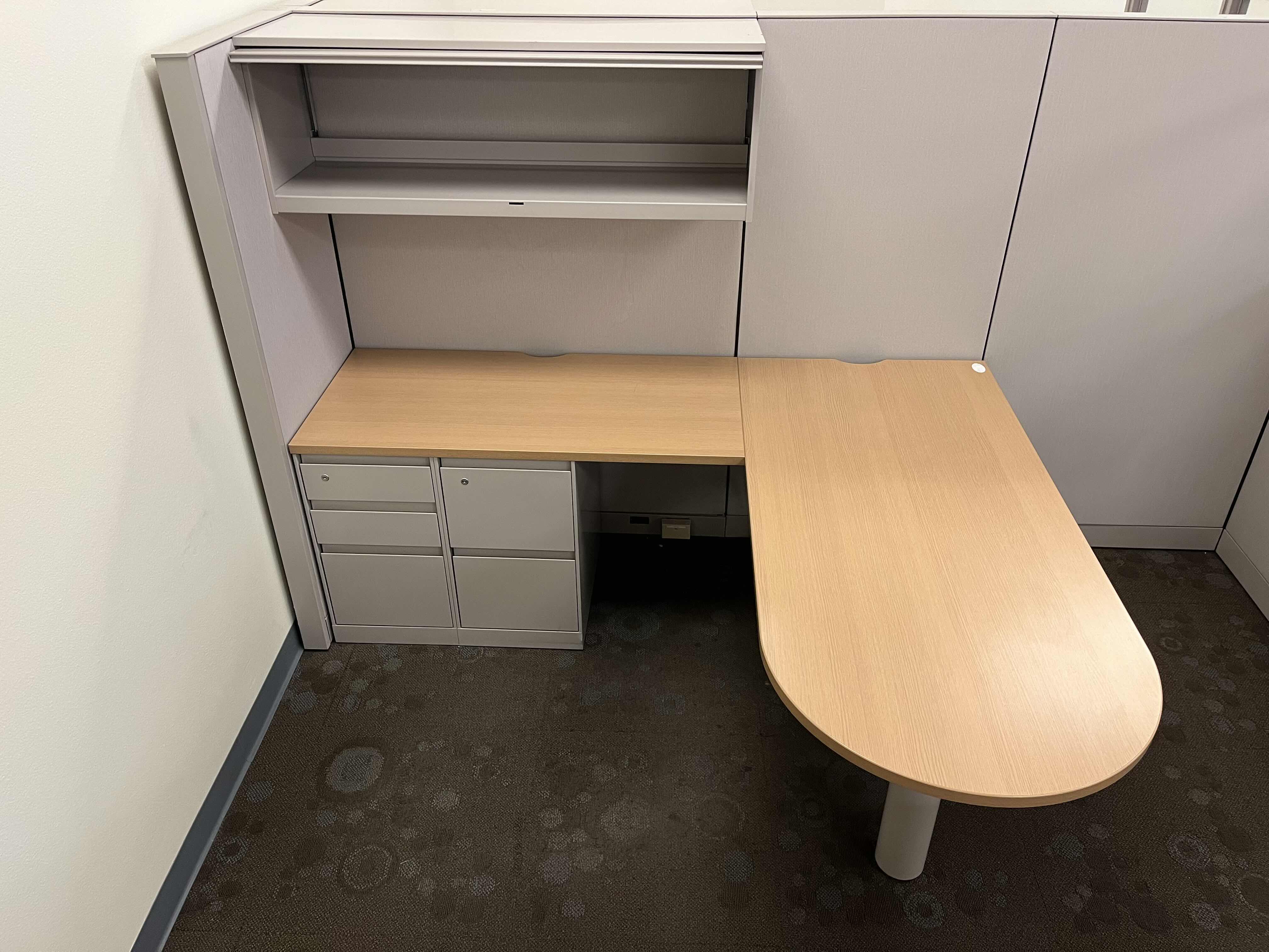 Photo 1 of CUBICLE DUAL OFFICE SET UP W 2 TABLES & 2 WALL CABINETS (OVERALL DIMENSIONS 138” X 122” H66.5”) READ NOTES